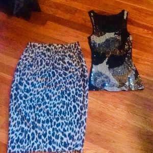 Sequined tank top paired with Boston Proper skirt